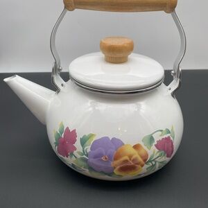 Vintage Corelle Lincoware Summer Blush Enamel Metal Teapot Kettle Pansies